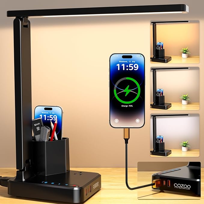 LED Desk Lamp with 3 USB Charging Ports 1 AC Outlet Small Table Lamp by COZOO
