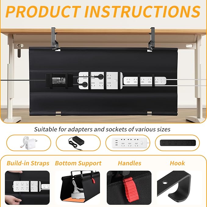 SUREUP9 No Drill Under Desk Cable Management Tray, Fabric Cable Management - Image 5