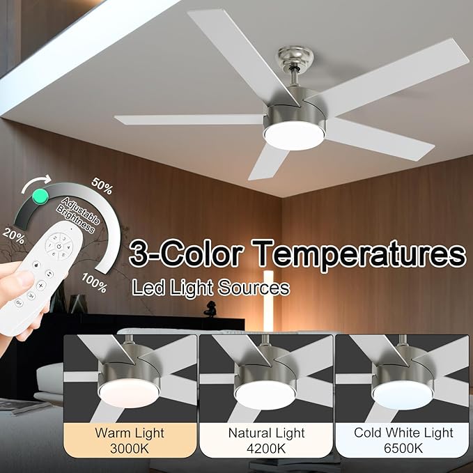POCHFAN 52 Inch Brushed Nickel Ceiling Fans - Image 2