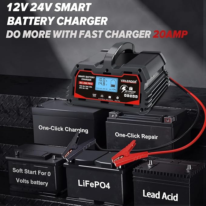 Battery Charger 20A, 12V/24V Lead Acid Smart Battery Charger, 12V LiFePO4 Car - Image 2