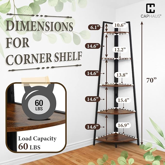 CAPHAUS Tall Corner Shelf Stand, 5-Tier Display Shelves, Ladder Corner Wood - Image 2