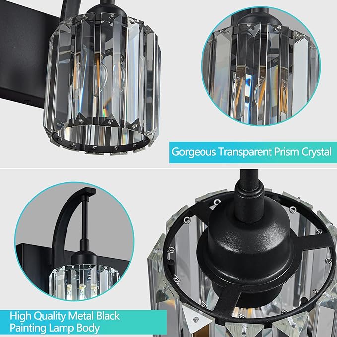 FDPBY 5-Light Crystal Vanity Light, Modern Black Bathroom Wall Sconce - Image 5
