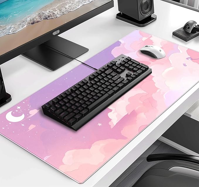 Cute Anime Cloud Desk Mat, Beautiful Pink Stitching Edge Non Slip Rubber Mouse - Image 3