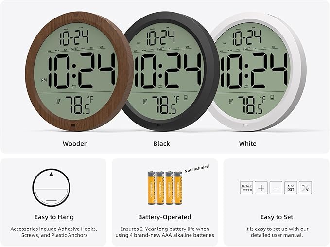 Digital Wall Clock with Date, Indoor Temperature, Battery-Operated Digital Clock - Image 6