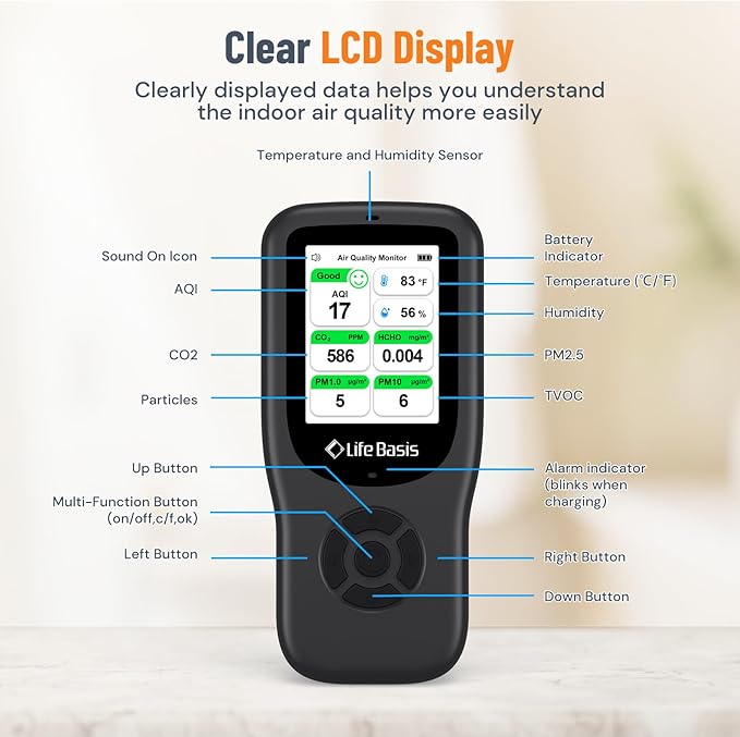 LifeBasis Air Quality Monitor Indoor, 11-in-1 Air Quality Detector - Image 6