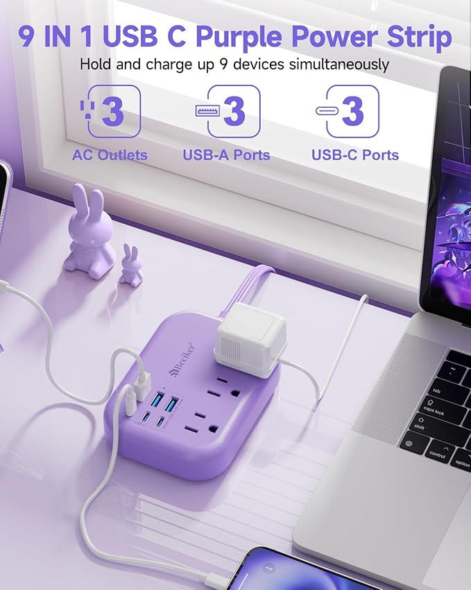 6 USB Purple Travel Power Strip- 5Ft Purple Extension Cord - Image 2