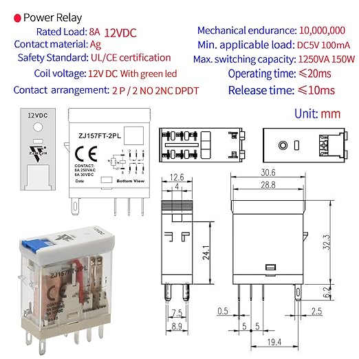 Power Relay 12V Miniature Electromagnetic Relay 8Amp DPDT 2-Pole - Image 4