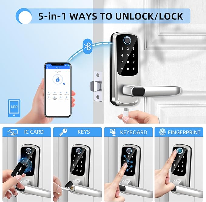 Smart Door Lock with Handle, Keyless Entry Door Locks, 8-in-1 Fingerprint - Image 2