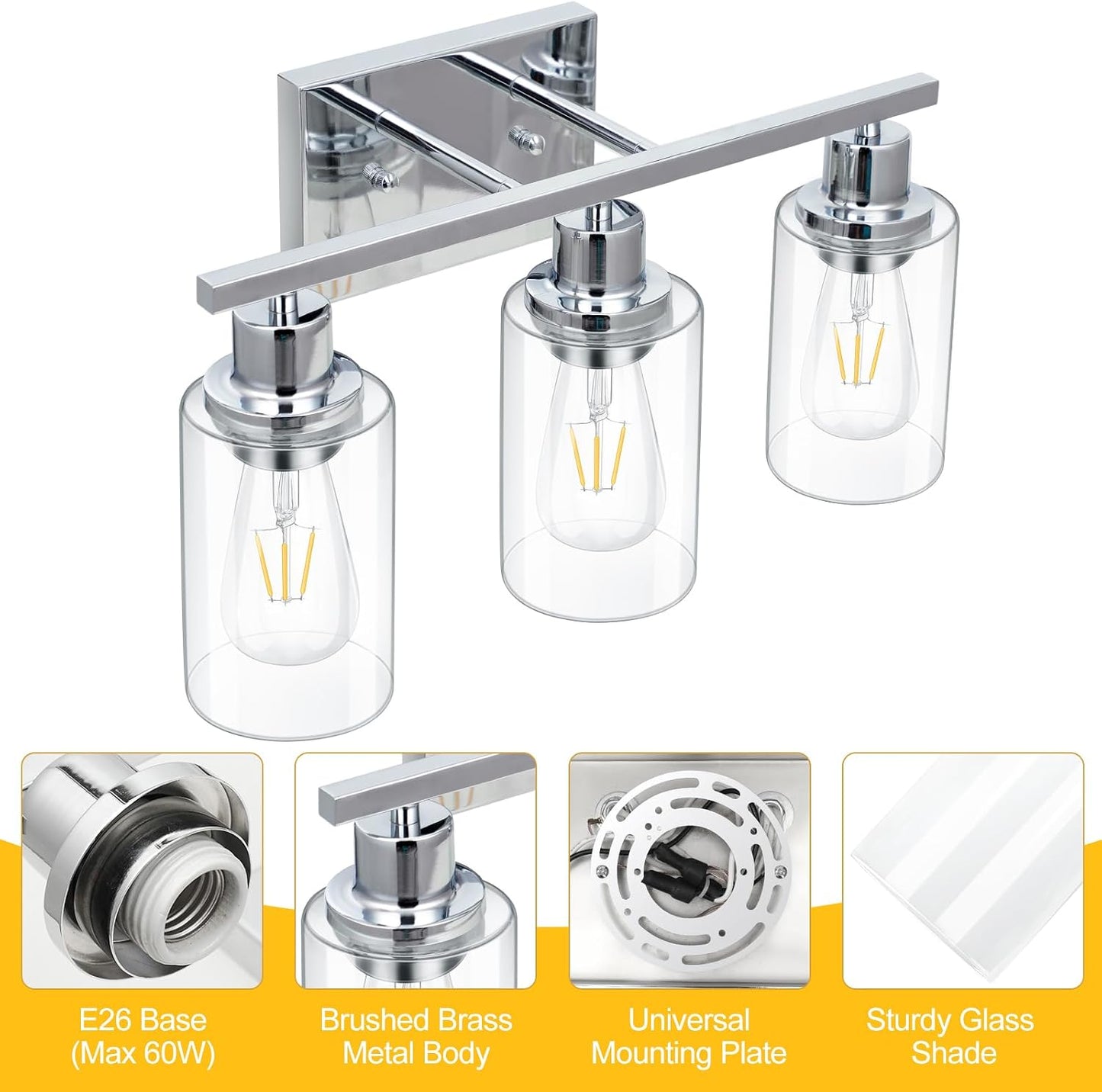 3 Light Vanity Light Fixtures, Polished Chrome Bathroom Wall Sconces, Modern Wall Lights with Clear Glass Shades, Bathroom Wall Lamp over Mirror Kitchen Bedroom Living Room Hallway Cabinet Porch