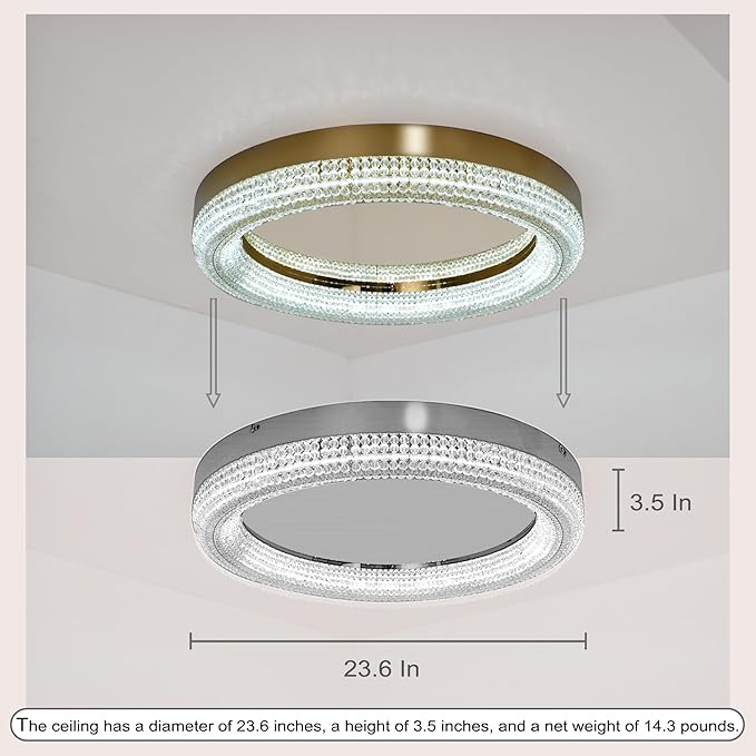 23.6" Gold LED 3 Color Remote Dimmable Modern Crystal Chandelier Round LED - Image 4