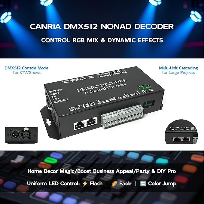 CANRIA 9 Channel DMX512 Decoder LED Controller, DC 5V-24V 5A/CH, RGB RGBW LED - Image 2