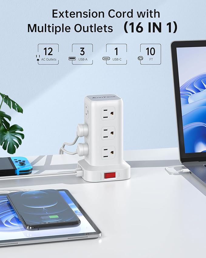 AnnTane Surge Protector Power Strip 10 FT Cord, Power Strip Tower - Image 2