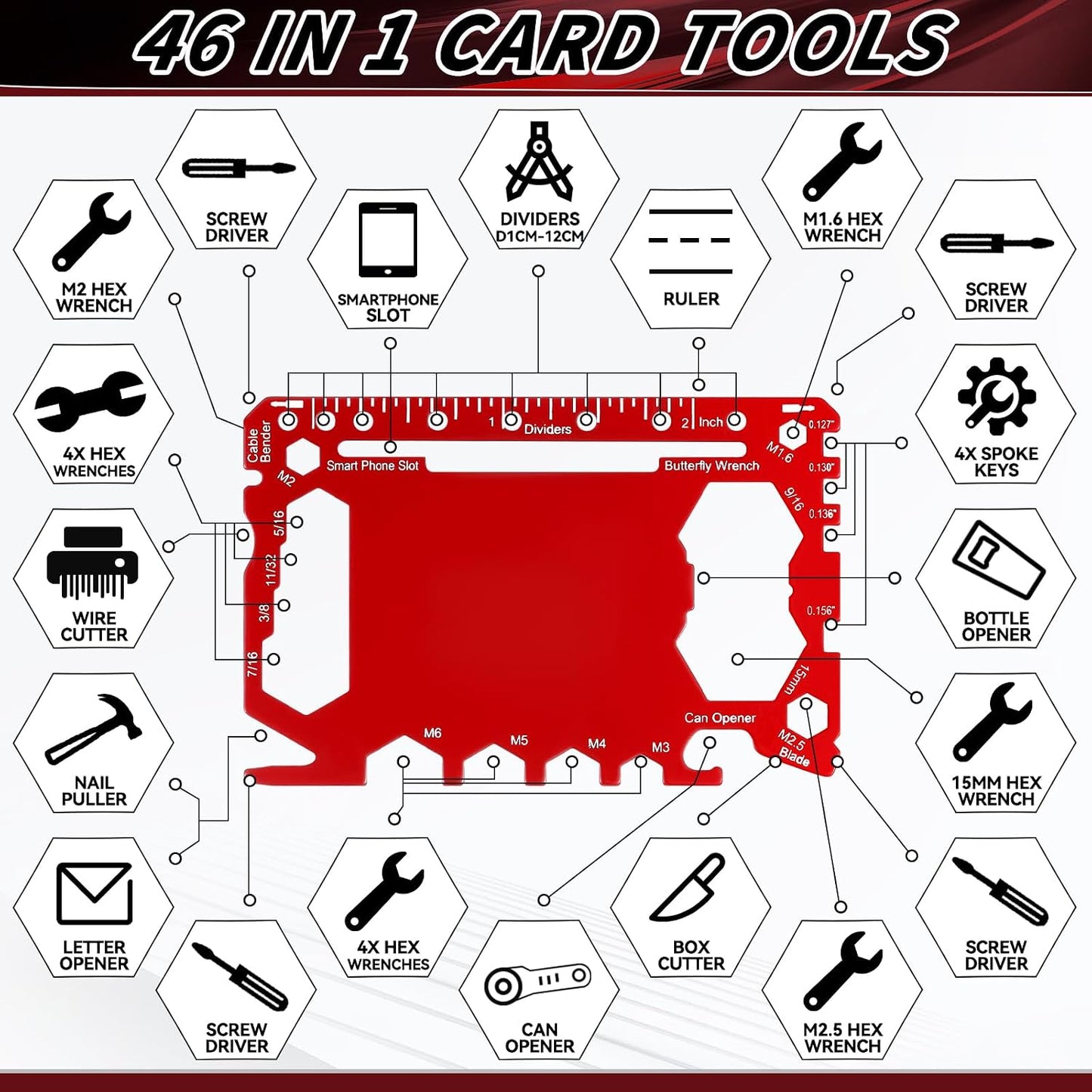 Cholemy 12 Pcs Credit Card Wallet Multitool,Black, Red, Gold,Classic Style | 46 in 1,Metal Stainless Steel,Survival Pocket Tool,Bottle Opener,Multipurpose for Husband Dad Men Christmas Birthday Gift