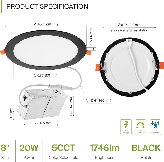 ASD 4 Pack 8 Inch LED Recessed Light 20W, 5 CCT 2700K-5000K CRI90+, IC Rated - Image 2