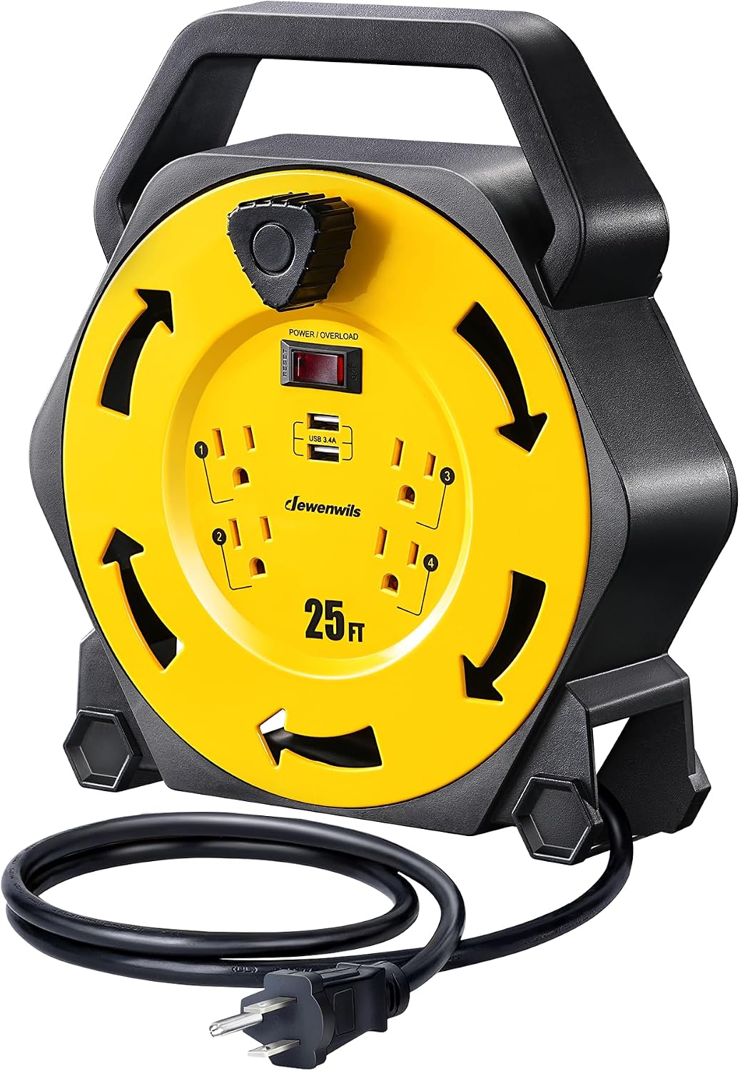DEWENWILS 25FT Extension Cord Reel, Hand Wind Retractable Cord Reel | 16/3 SJTW, 4 Grounded Outlets, 2-USB Ports (3.4A Fast Charge), 13A Circuit Breaker, for Garage, Workshop, Outdoor, UL Listed