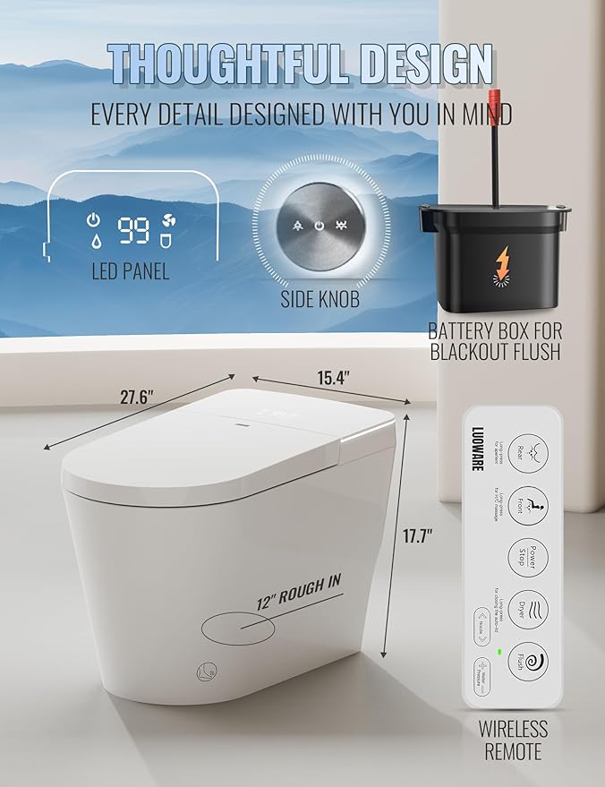 Luoware Smart Toilet with Bidet Built in, Auto Open/Close, Foam Shield - Image 9