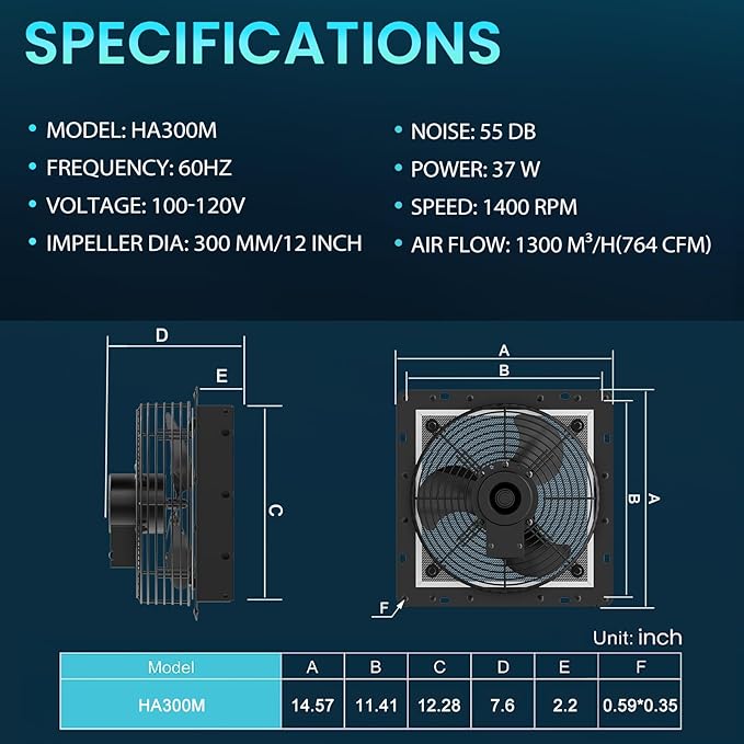 HG Power 12 Inch Shutter Exhaust Fan, 764CFM High-Speed, 1400RPM Wall-Mounted - Image 3