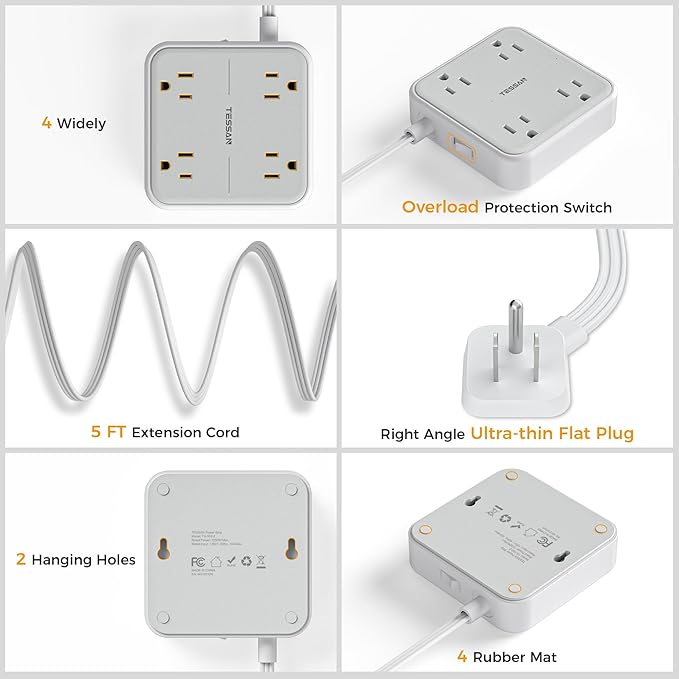 Surge Protector Power Strip, TESSAN 5 ft Extension Cord Flat Plug - Image 6