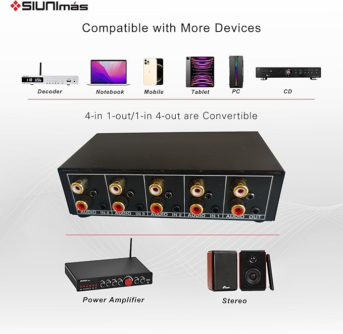 SIUNIMAS 4-in 1-Out RCA and 3.5mm Aux Audio Receiver Switching Box 4 Channels - Image 7