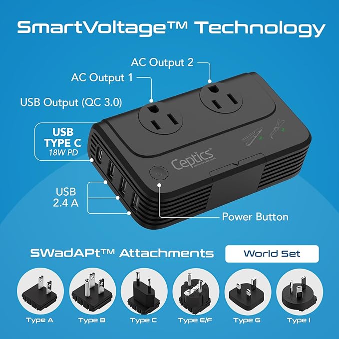 Ceptics - 6 in 1 Travel Adapter and Voltage Converter, 220V to 110V Converter - Image 8