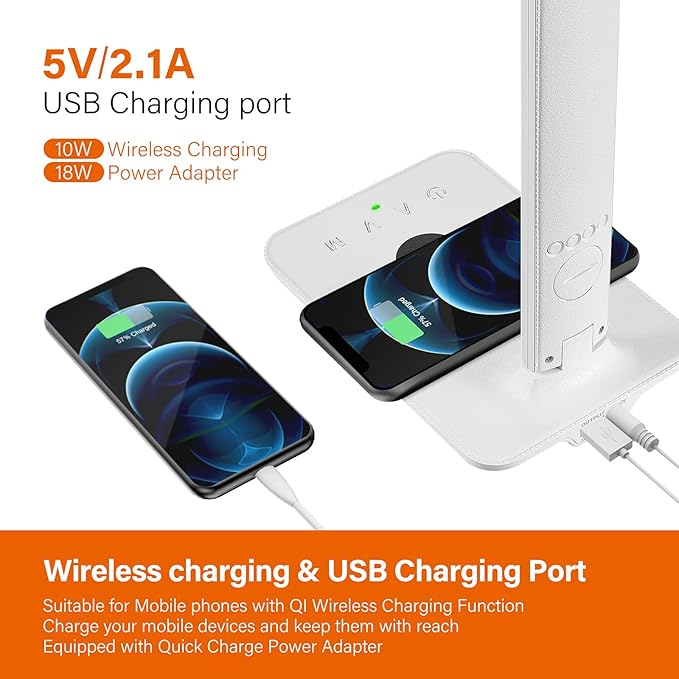 poukaran LED Desk Lamp with Wireless Charger, USB Charging Port, Office Table - Image 3