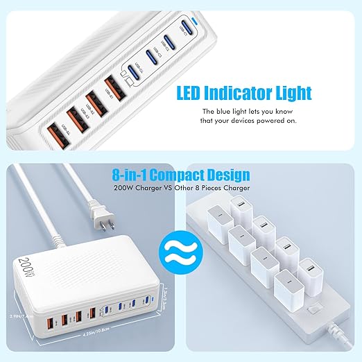 USB C Charger Block, 200W GaN 8 Port USB C Charging Station USB Hub Block Cube - Image 5