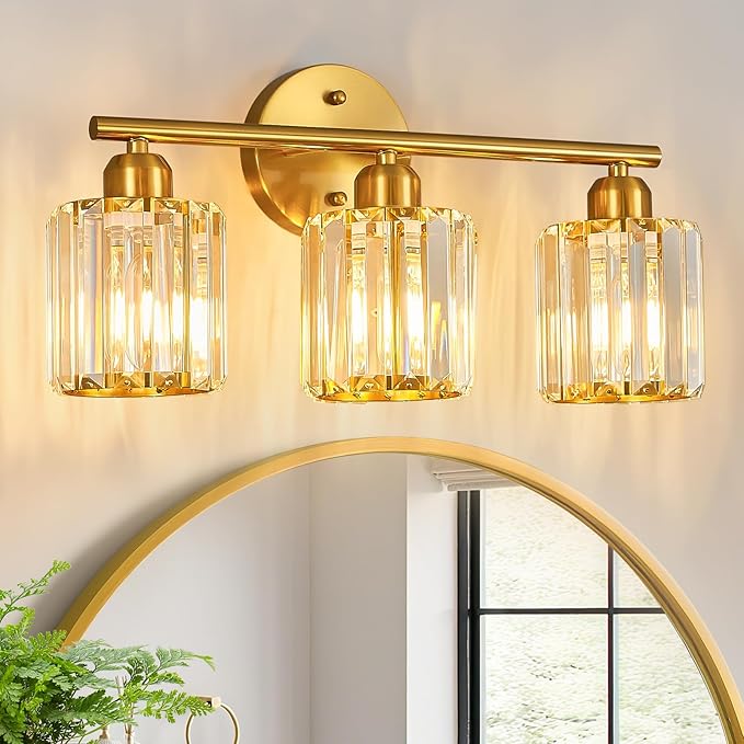 FDPBY Modern 3 Light Crystal Vanity Light, Brushed Gold Vertical Bathroom Light by FDPBY