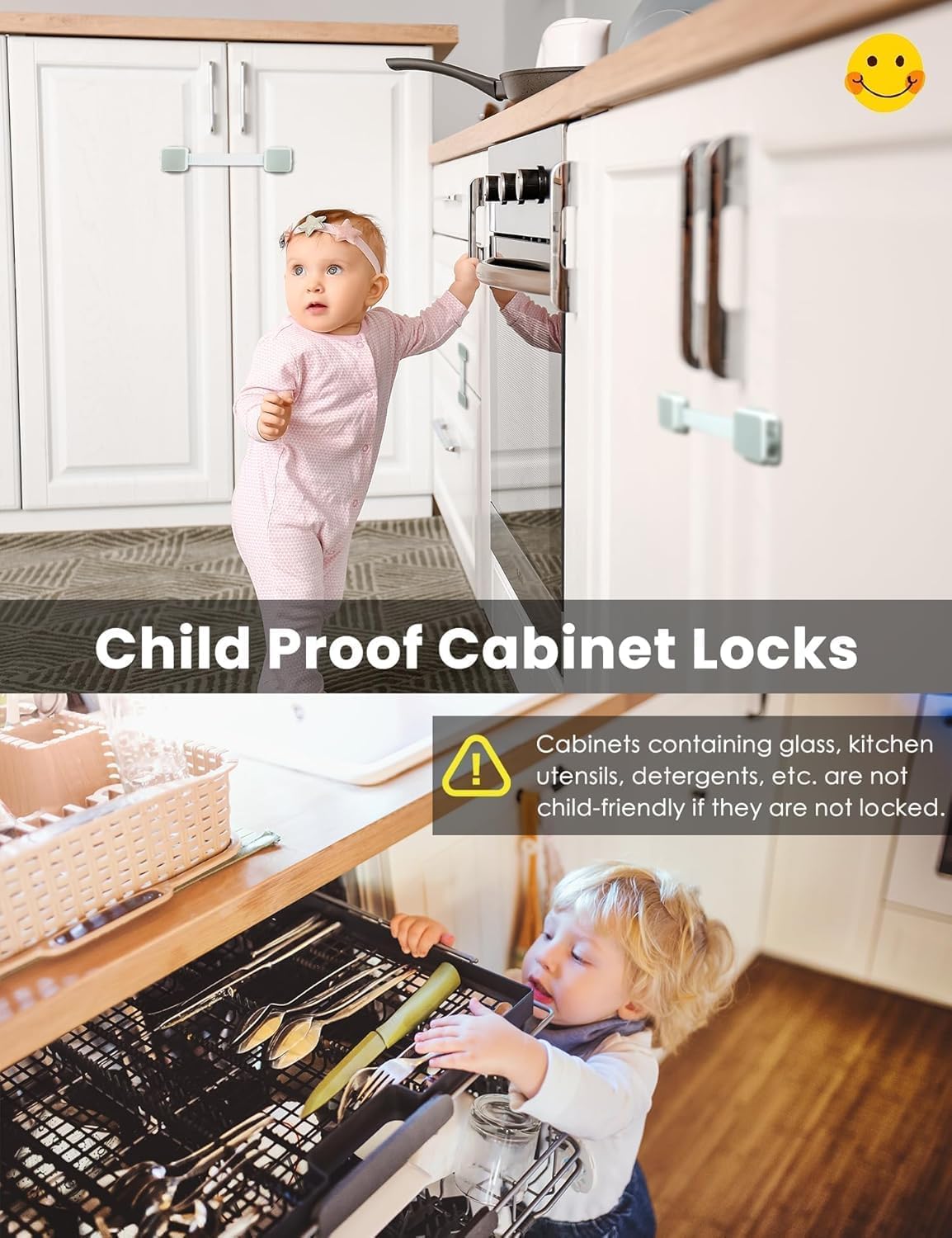 12 Pack Baby Proofing Safety Locks Child Safe for Cabinet Drawer Fridge Oven Dishwasher Doors, Toilet Seat & Lid, Adjustable Furniture Latches and Straps, 3M Adhesive No Drilling Button,Unlock Design