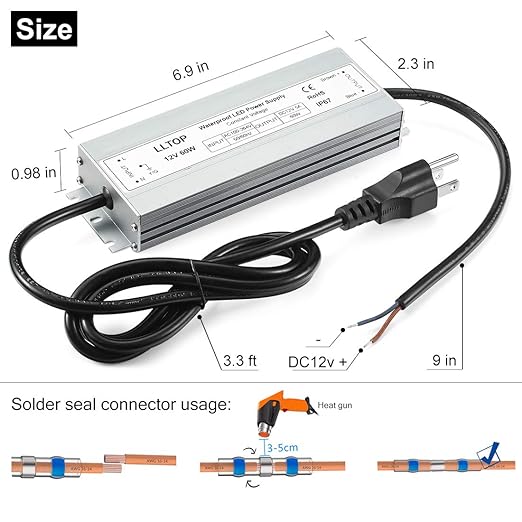 LLTOP LED Driver 60 Watts Waterproof IP67 Power Supply AC100-264V to 12V DC 5A - Image 3