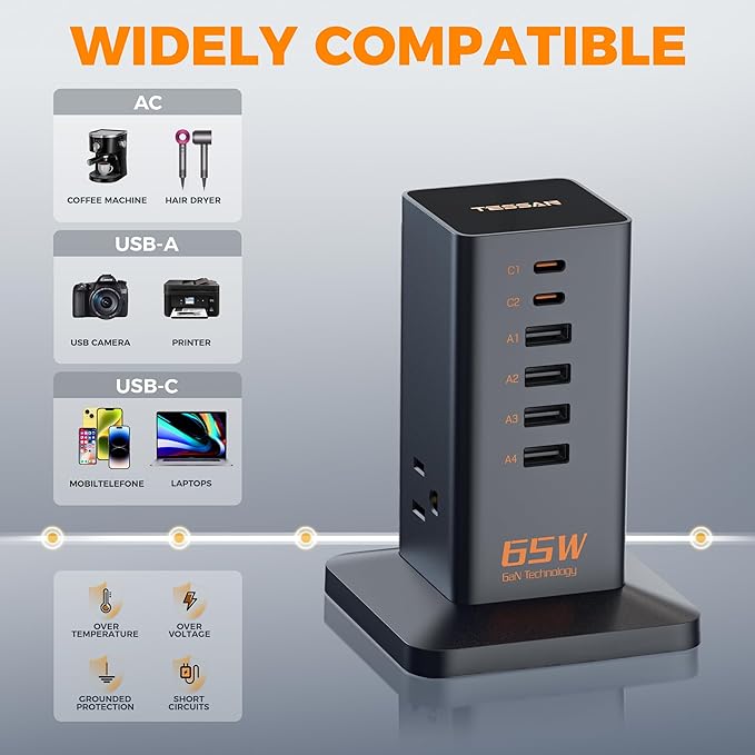 USB Charging Station for Multiple Devices 10Ft Cord, TESSAN 9-in-1 USB C - Image 7