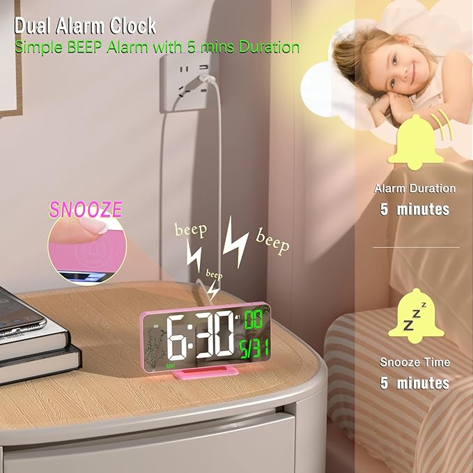 KOSUMOSU Pink Digital Clock 6.7in Desk Clock - Image 6