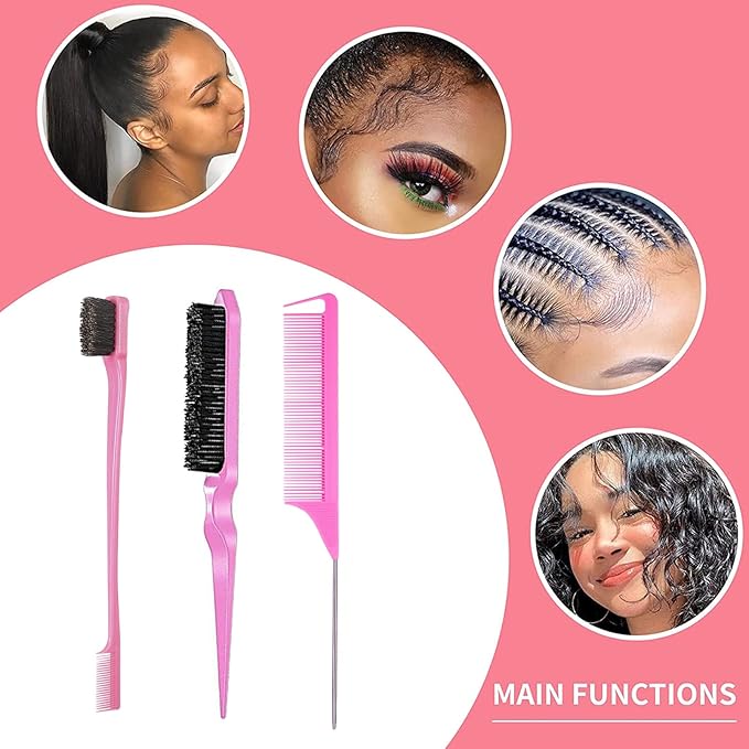 3 Pieces Hair Styling Comb Set Teasing Brush Rat Tail Comb Edge Brush - Image 9