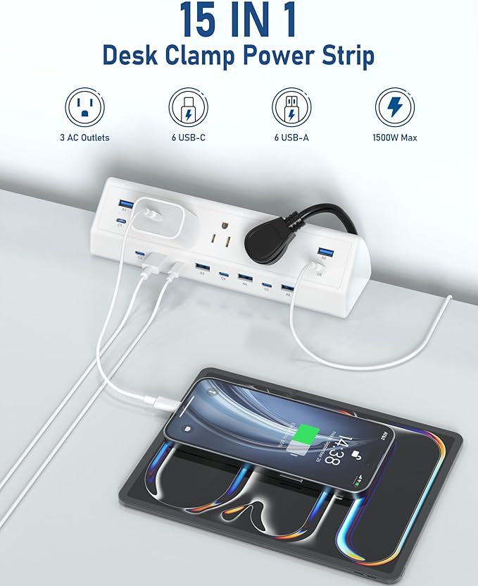 Jgstkcity 130W Desk Clamp Power Strip, 12 USB Ports, Surge Protector, ETL - Image 4