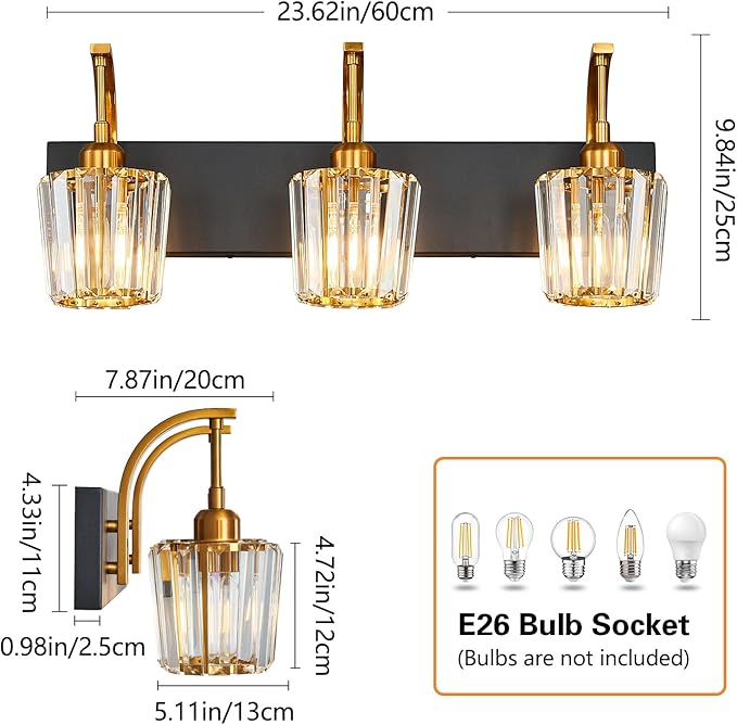 FDPBY Modern Bathroom Vanity Light, 3-Light Black Gold Wall Sconce - Image 4