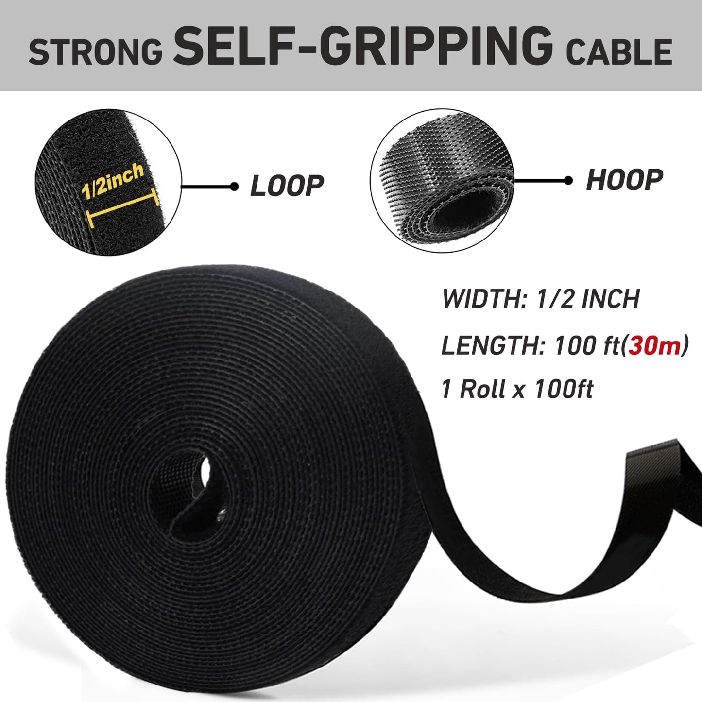 100ft x1/2 in Hook and Loop Roll, Hitotsu Reusable Fastening Tape Cable Ties, Self-Gripping Multi-Purpose Wrap Fasteners for Cord Manage,Home, Office, Electrical Cords, Data Center, White