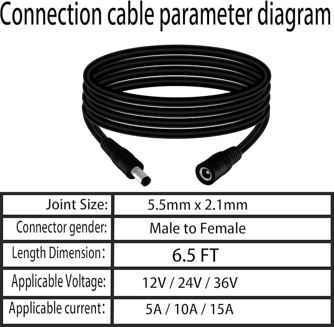 5.5mm x 2.1mm 6.5FT DC Power Extension Cable Male to Female 12V/24V 14AWG DC - Image 6