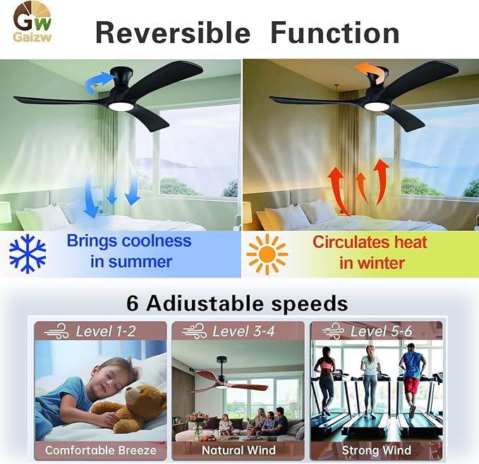 Gaizw Black Ceiing Fans with lights and Remote Control, 52 Inch Modern Wooden - Image 6