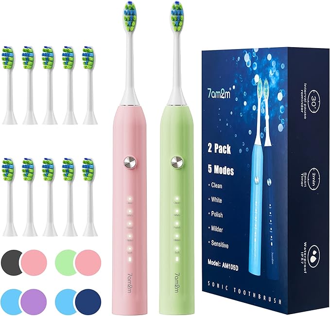 7AM2M Rechargeable Sonic Electric Toothbrush 2 Pack, Soft Toothbrushes by 7AM2M