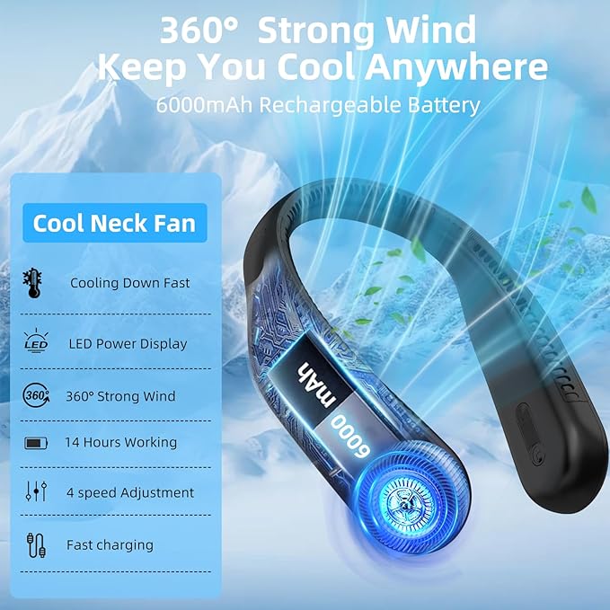 Portable Neck Fan, Hands Free Personal Wearable Bladeless Fan, 6000mAh USB - Image 8
