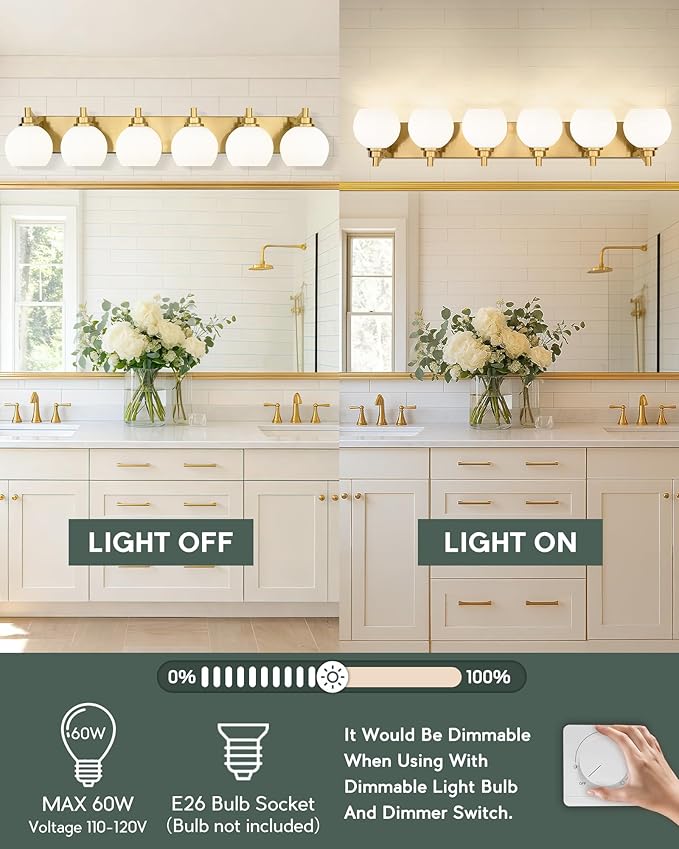 METWET Bathroom Light Fixtures, 6-Light Brushed Gold Bathroom Vanity Lights - Image 5