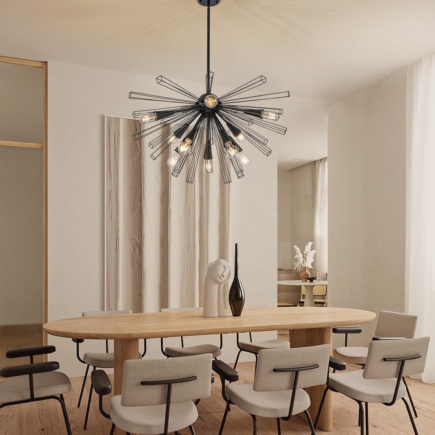 10-Light Black Sputnik Chandeliers, Modern Starburst Chandelier | 33" Farmhouse Dining Room Light Fixture, Large Pendant Light Fixture for Living Room Bedroom Kitchen, Adjustable Height, E26