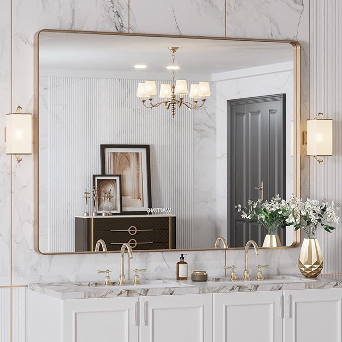 LOAAO 48”X36” Gold Bathroom Mirror, Rounded Rectangle Gold Frame Mirror - Image 4
