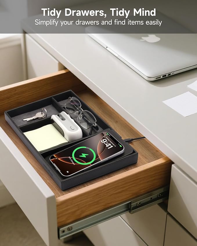 Valet Tray, Built in Wireless Charging Pad, Nightstand Organizer, Two-Toned - Image 4
