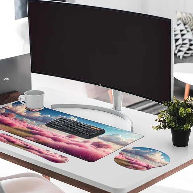 Britimes Dreamy Clouds Pink Plants Keyboard Mouse Pad Set 4in1 Large - Image 7