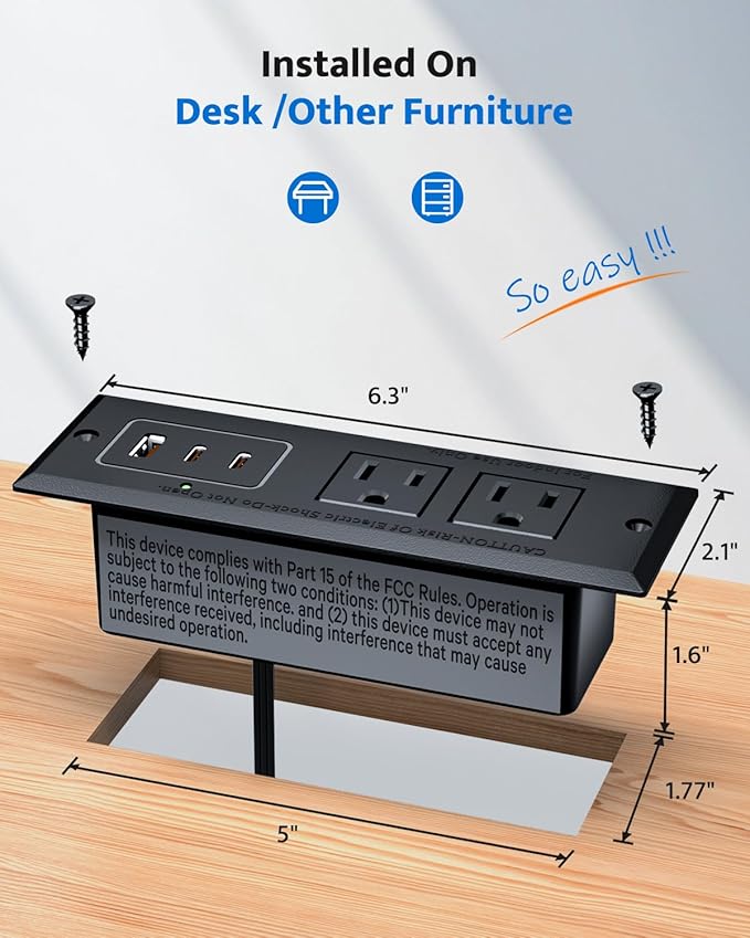 Recessed Power Strip with 20W USB C Port, Fast Charging USB A Port Conference - Image 6