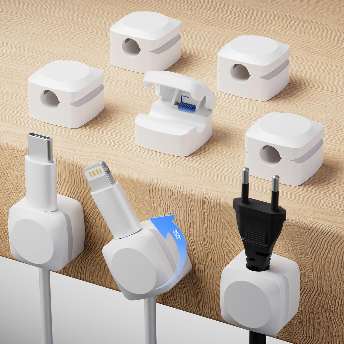 Daisyhome Rotatable Cord Organizer, Strong Adhesive Spring Cable Clips | Enhanced Cable Organizer Cord Clips, Desk Cord Holder for Nightstand, Office Accessories and Car (8*White)