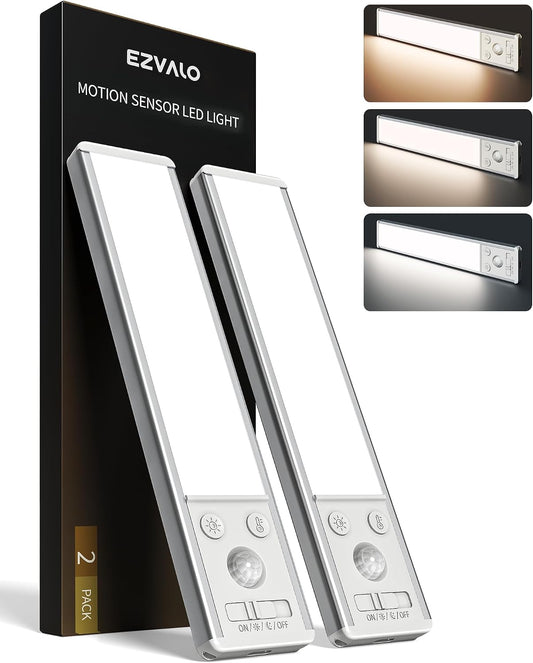 EZVALO 8" Under Cabinet Lighting, 2400mAh Rechargeable Motion Sensor Light Indoor, Mini & Slim Design, 3 Color Temps, Dimmable Magnetic Wireless Closet Lights for Kitchen, Pantry, Stairs (2 Pack)