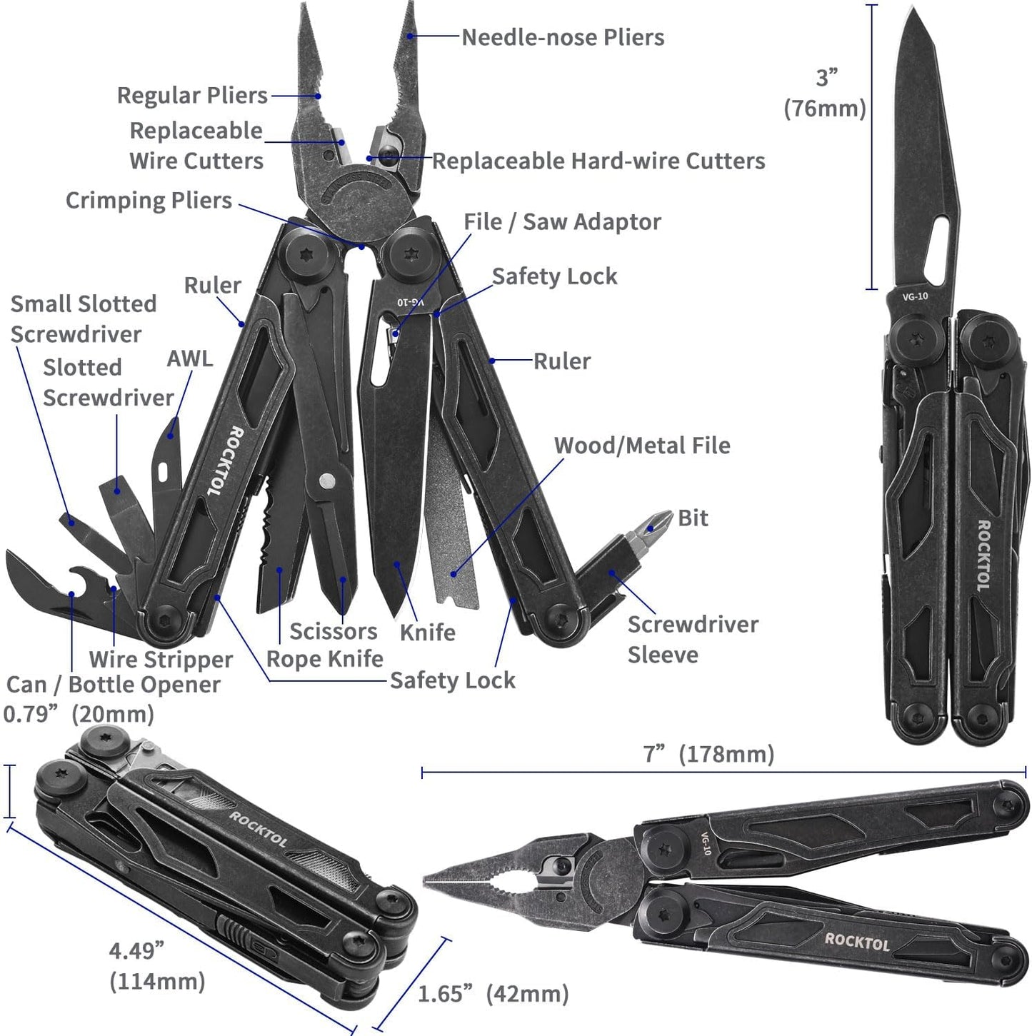 Multitool, VG-10 Blade, 29-in-1 Multitool Pliers with Replaceable Wire Cutters and Saw, Heavy-duty Stainless Steel Multi-tool Set and Nylon Sheath for Camping Survival multi tool for Man