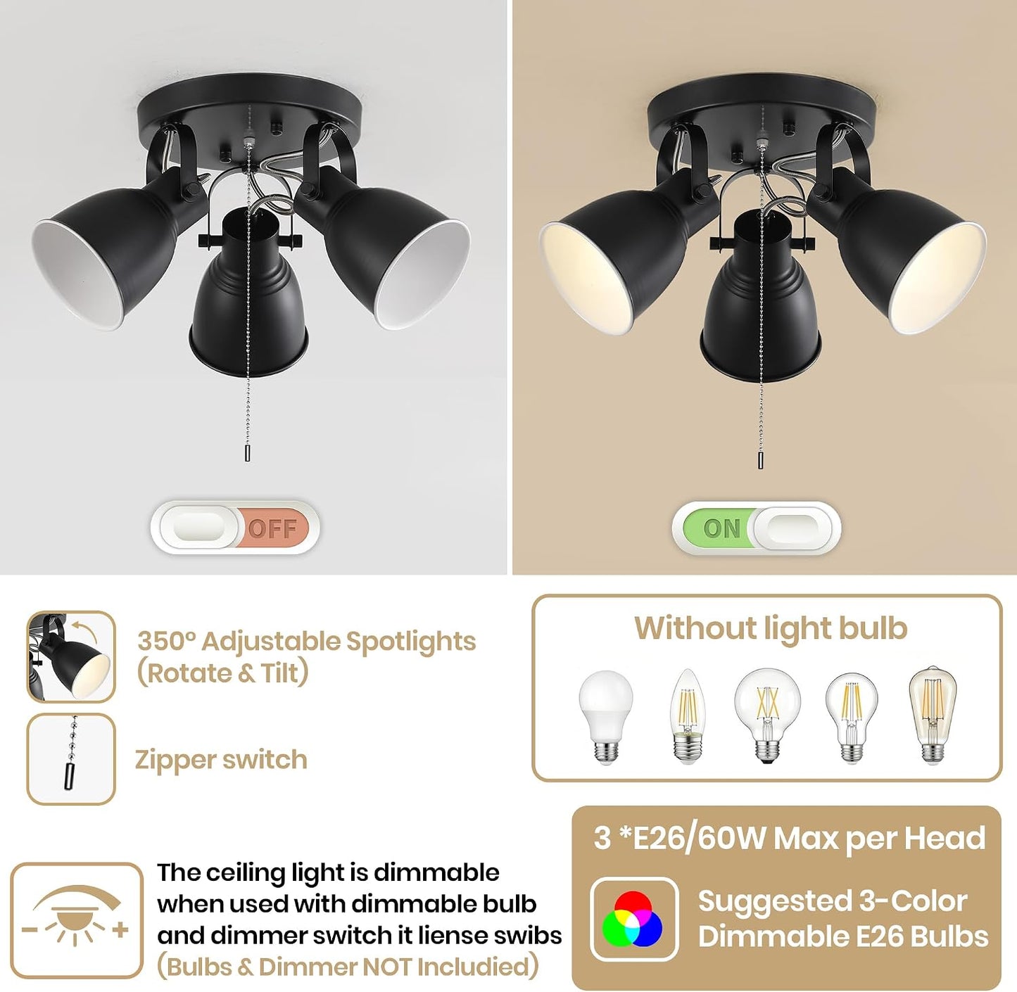 3-Light Track Ceiling Light with Pull Chain Switch, Matte Black Multi Directional Flush Mount Ceiling Spot Light, E26 Base Industrial Ceiling Light Fixture for Kitchen Hallway Entryway Bedroom Closet