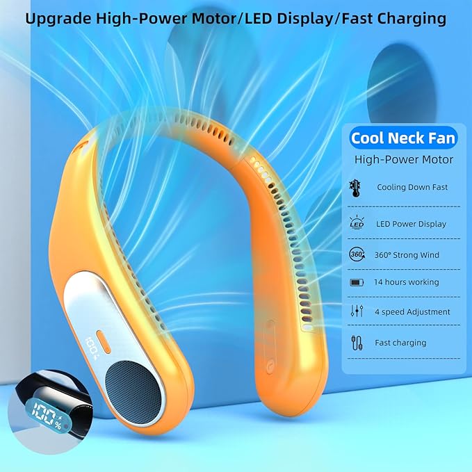 Portable Neck Fan, Personal Wearable Bladeless Fan, LED Display, 6000mAh USB - Image 3